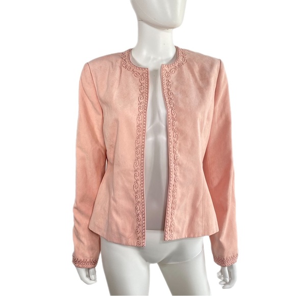 Dress Barn Microsuede Embroidered Trim Pale Peach Open Front Blazer - Picture 1 of 9